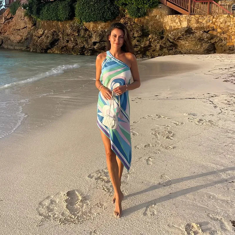 Casual Printed One Shoulder Women's Short Dress Asymmetric Sleeveless Backless Beach Dresses 2026 Summer Lady Vacation Vestidoes