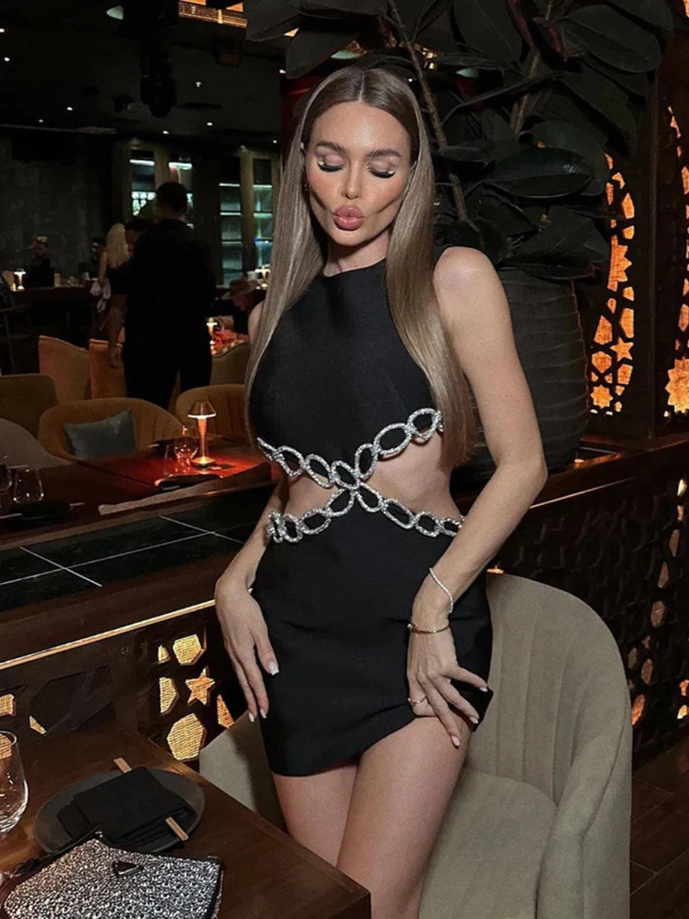 Bandage Dress Evening Gown Temperament European And American Open Waist Hollow Diamond Ring Dress