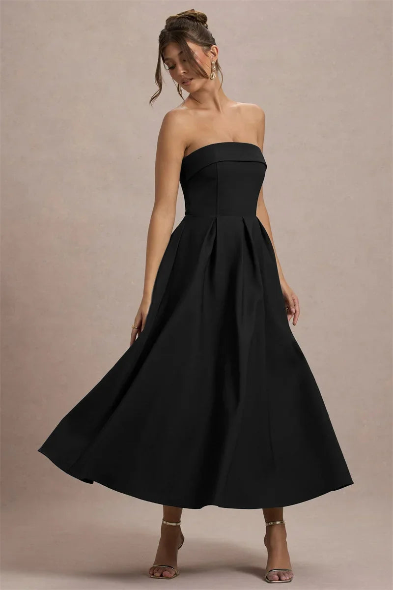 Off-shoulder Strapless Sexy Midi Dress Women Fashion Elegant Sleeveless Backless High Waist A-line Club Party Dress New - Shellss