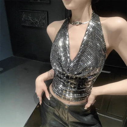 Shiny Sequin Halter Neck Crop Top Sparkly