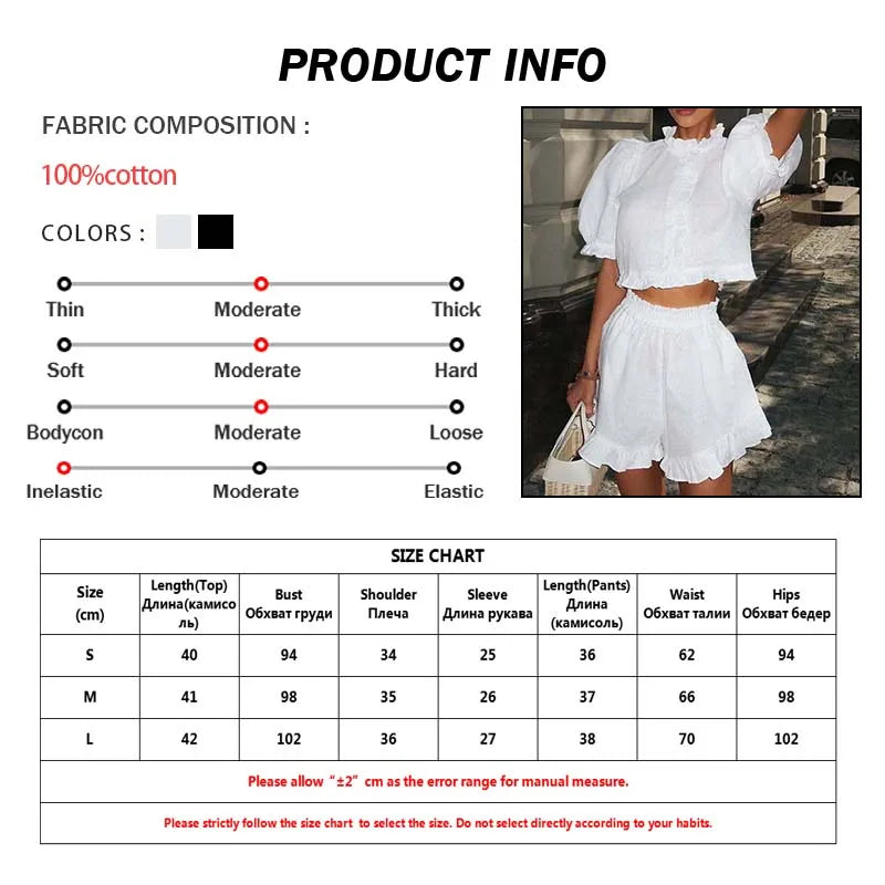 Oymimi Elegant White Cotton Two Piece Set Woman Fashion Ruffled Neck Puff Sleeve Button Crop Shirts And High Waisted Shorts Sets - Shellss