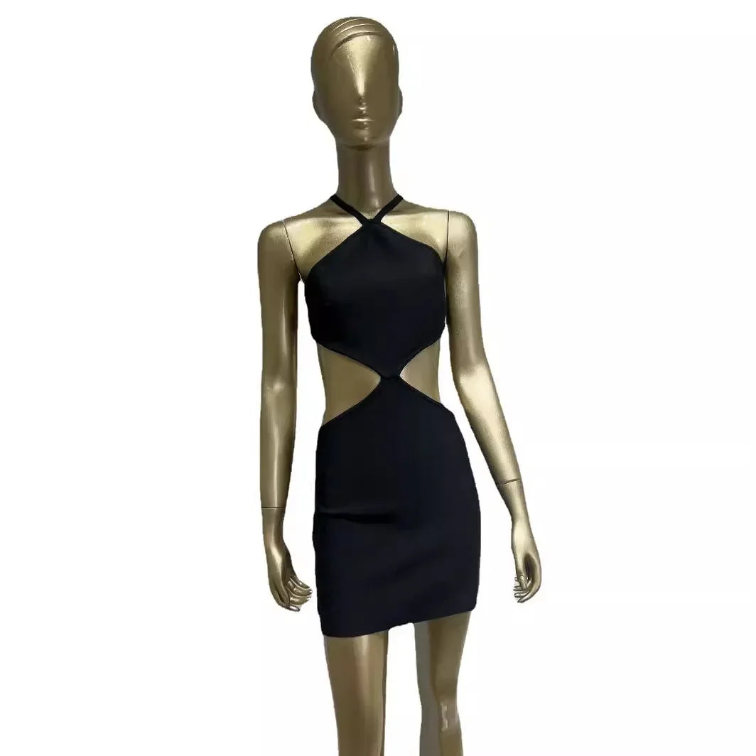 Sexy Black Miniature Black Dress Hot Sale Of The Season New Style Wrap Skirt Super Short Party Gown Diamond Back Hanging Neck Wa