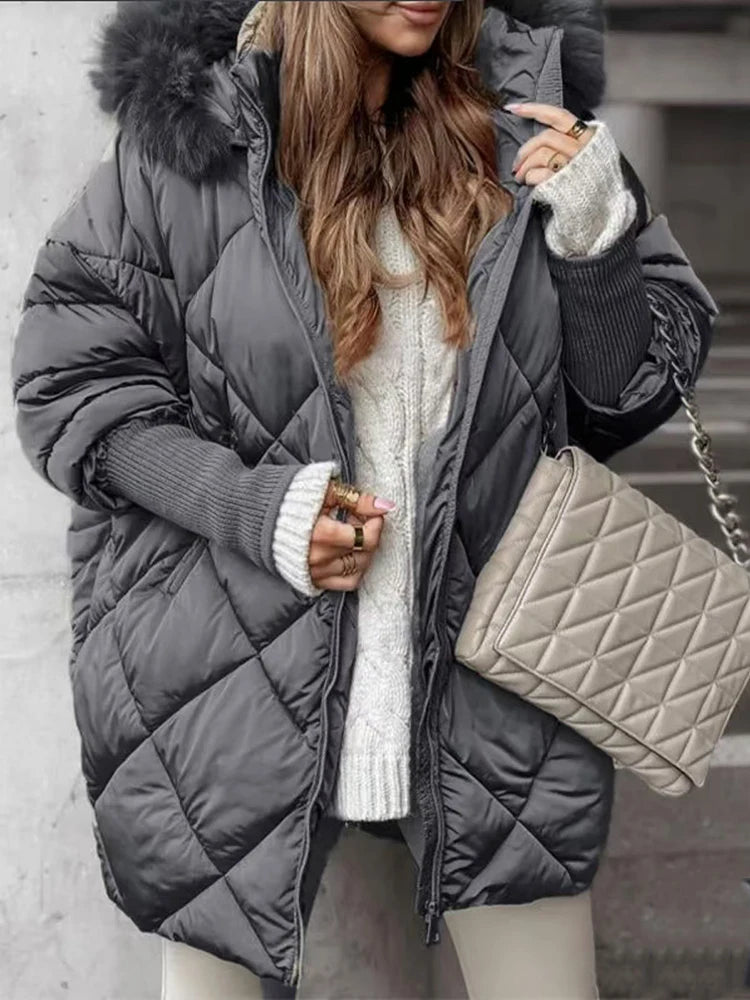 Autumn Winter Women's Mid Length Jacket Coat with Knitted Patchwork Long Sleeve Woolen Coat Female Hooded Zipper Parka Jackets