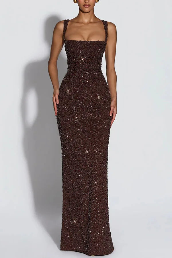 Women European American Sequin Cami Dress Sleeveless Tie Slim Fit Cocktail Party Evening Gown