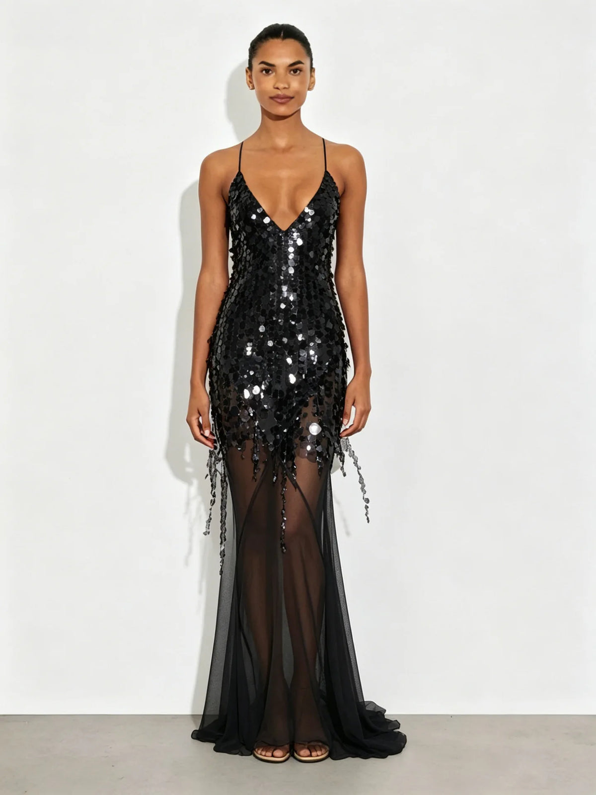 New Summer Sequins Patchwork Mesh Slim Long Dress Women Casual Vacation Dress Sexy Suspender V Neck Backless Evening Dress
