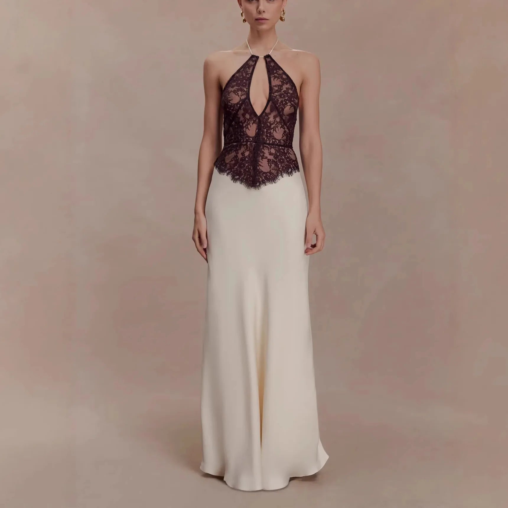 CHNMR Elegant Lace Hollow Out Halter Long Dress Women Sexy Patchwork Backless Female Maxi Dresses Summer Lady Evening Party Gown