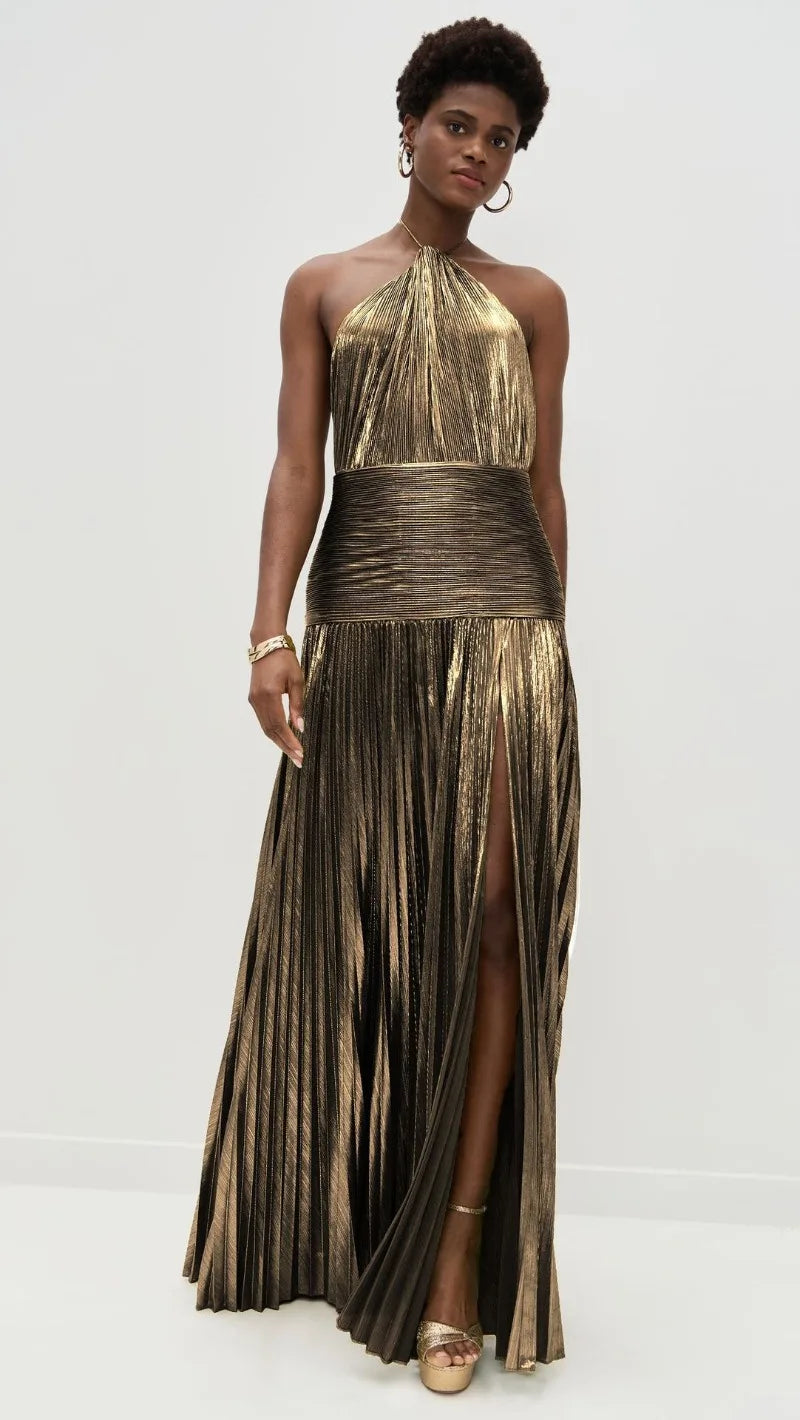 Sexy Off Shoulder Halter Folds Slit Long Dress Luxurious Women Corset Party Dress Gold Halter Neck Evening Dress