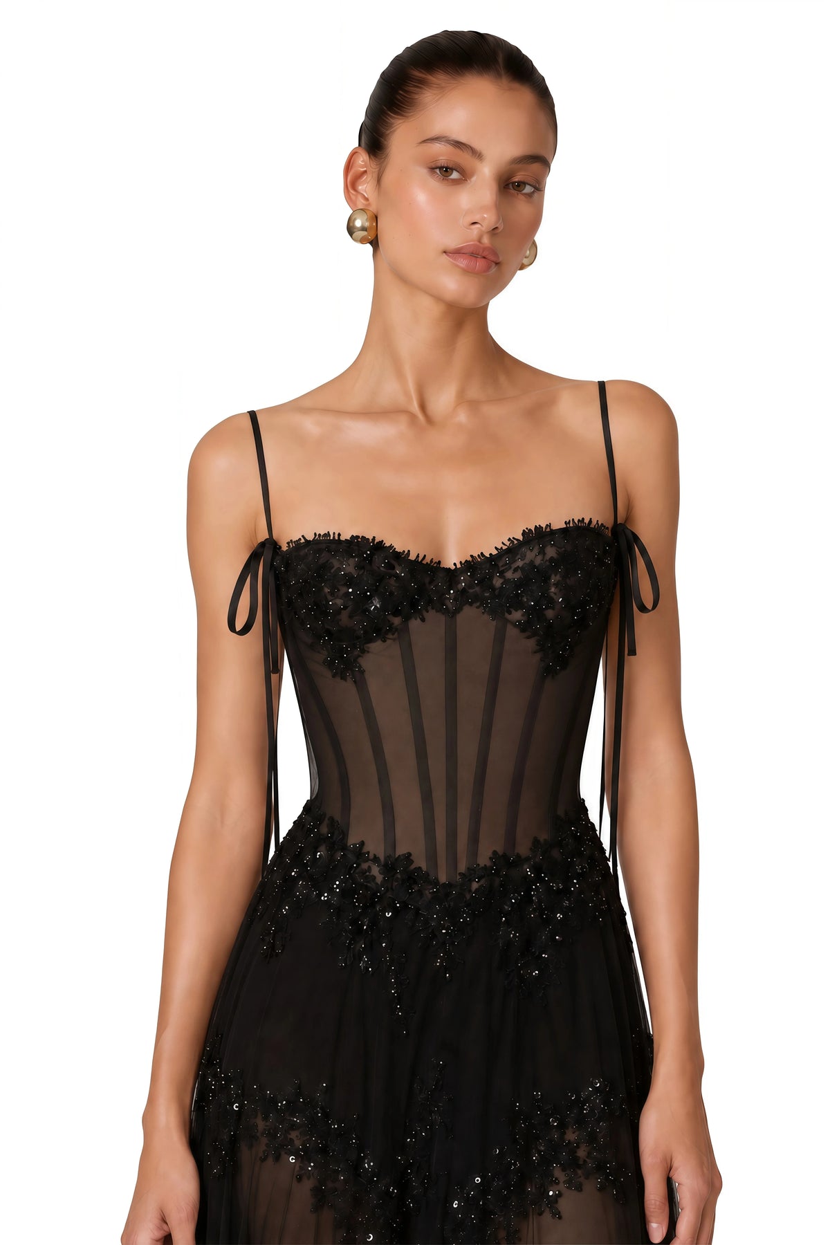 2026 New Black Spaghetti Strap Corset Evening Gown, 3D Floral Beaded Lace Sheer Mermaid Maxi Dress Prom Wedding Guest Red Carpet - Shellss
