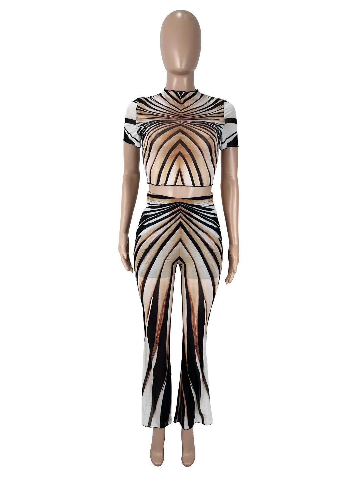 Summer Stripe Sheer Mesh Two Piece Set Women Short Sleeve Top High Waist Pants Elegant See Through Bodycon Matching Sets - Shellss