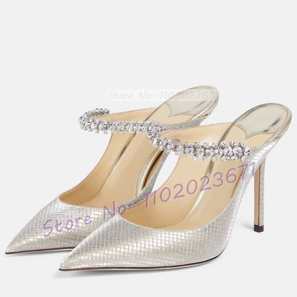 Silver Metallic Crystal Mules Rhinestone Arch Strap Heels