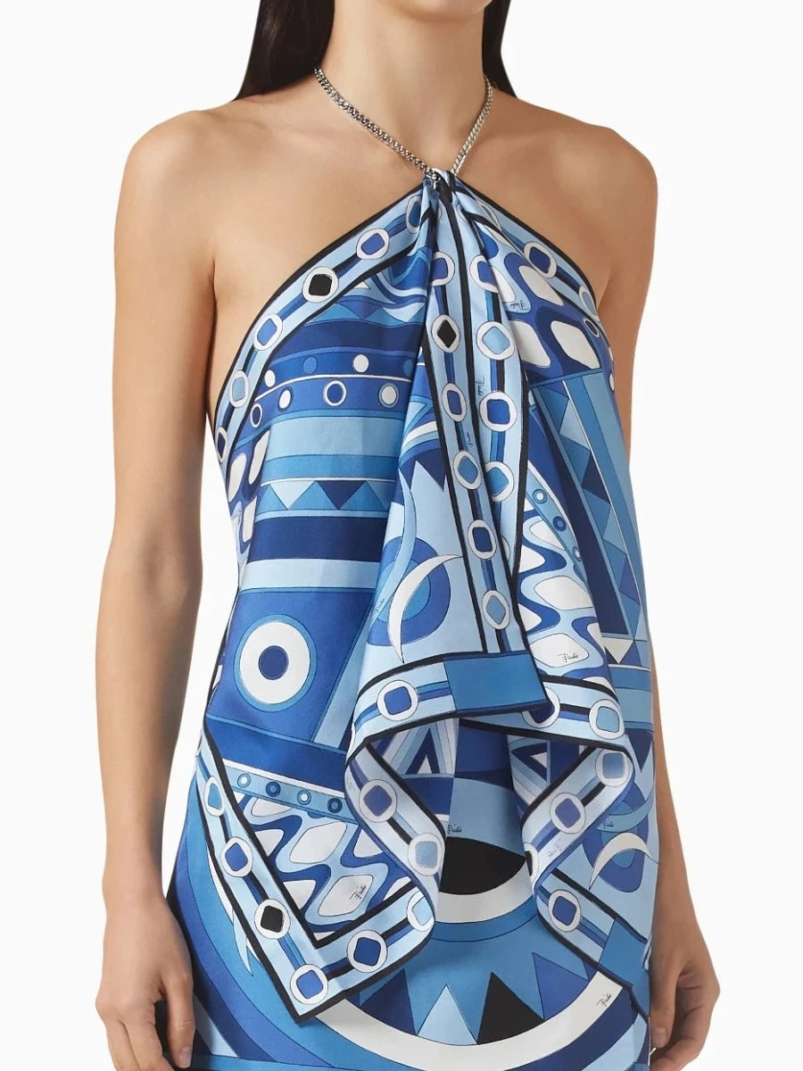 VGH Daily Street Style Blue Print Halter Satin Tank Tops for Women Sleeveless Asymmetrical Hem Design Vest for Beach Vacation