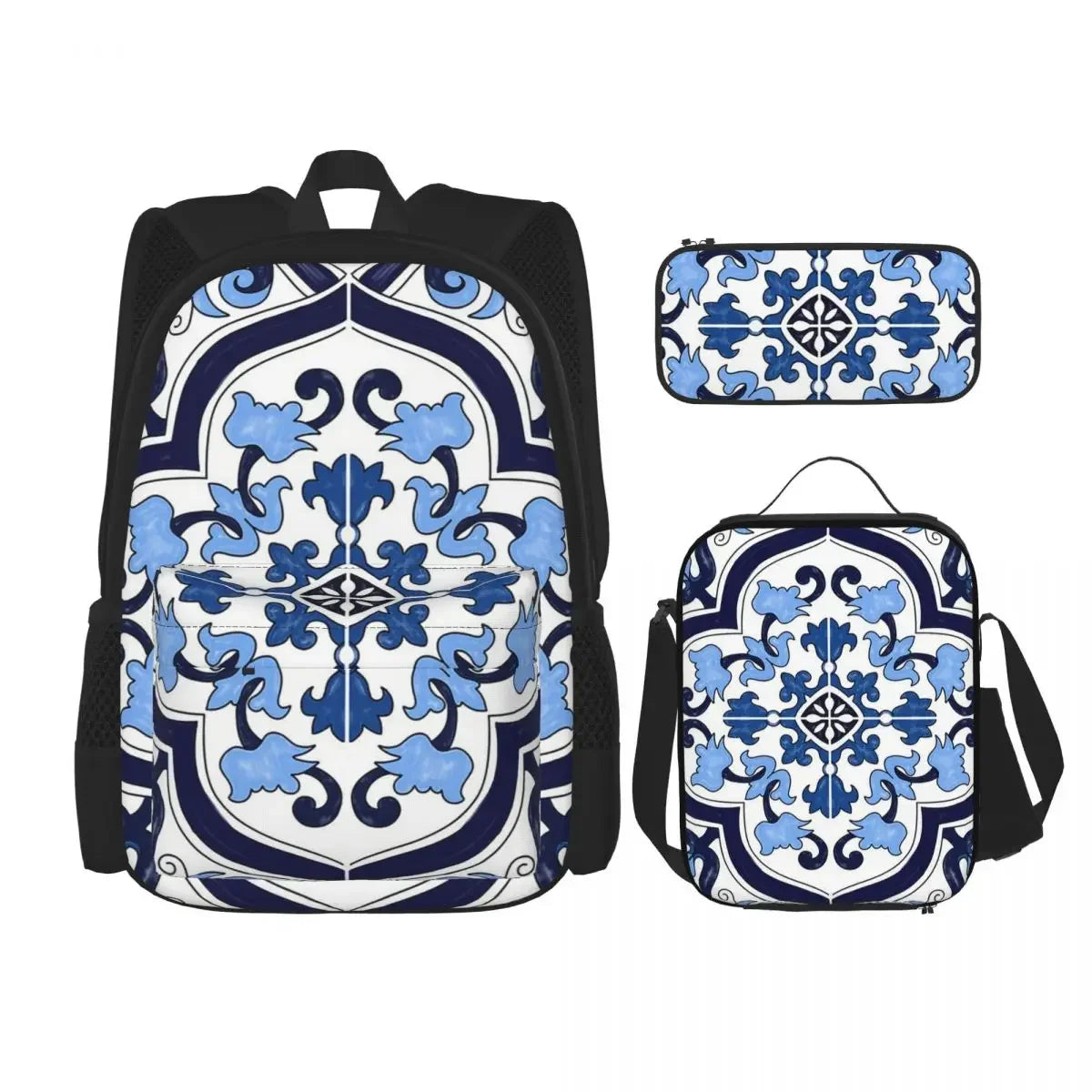 Blue Ornate Floral Mediterranean Sicilian Tile Backpacks Bookbag Children School Bags Rucksack Lunch Bag Pen Bag Three-Piece Set