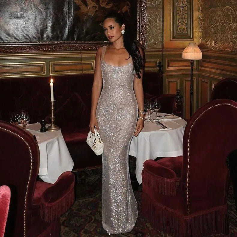 Sparkling Strapless Backless Fishtail Dress Birthday Party Solid Color Banquet Sexy Luxurious Elegant Formal Long Dress