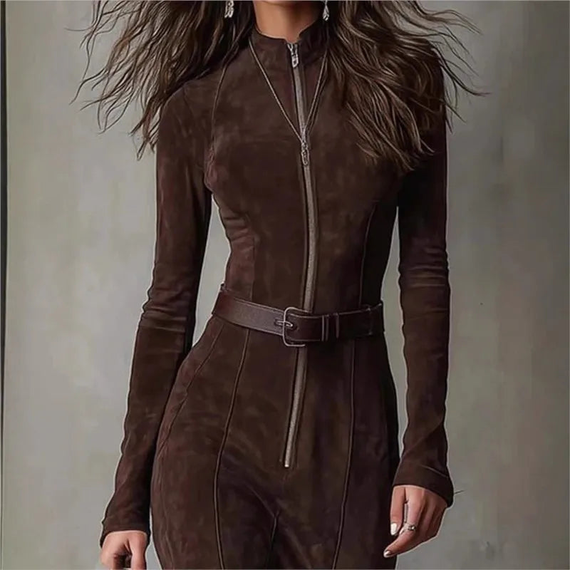 Vintage Solid Zipper LongDress