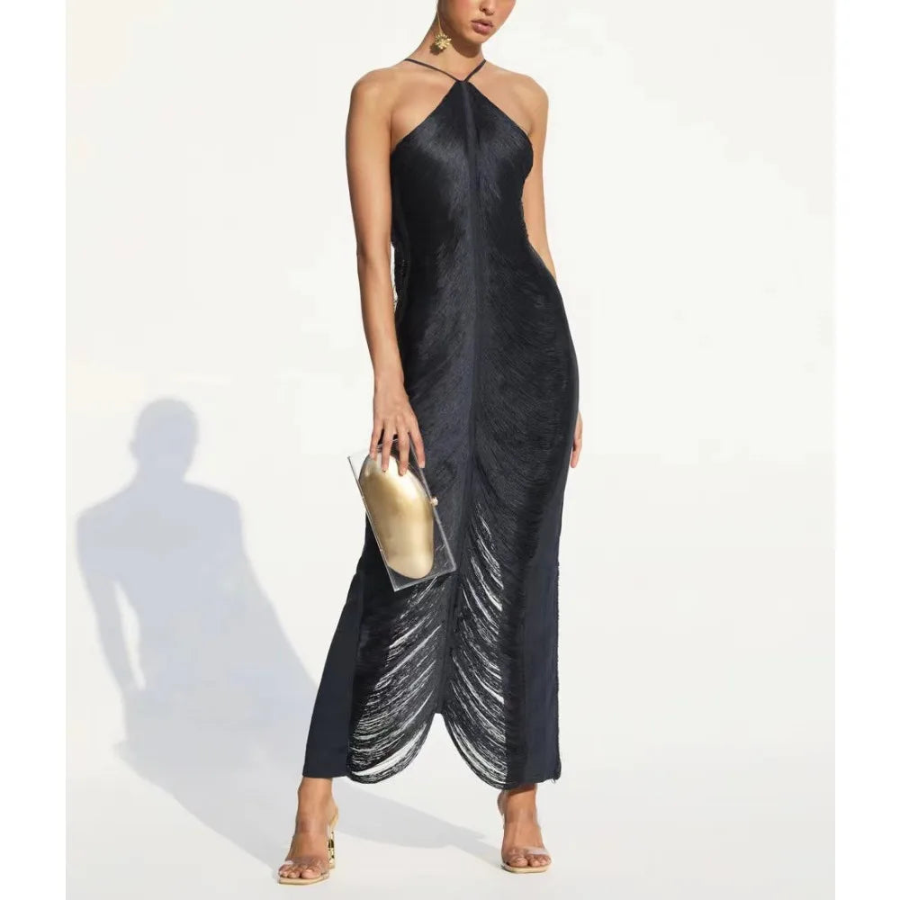 Gaia , Fringe Party Dresses Halter Neck