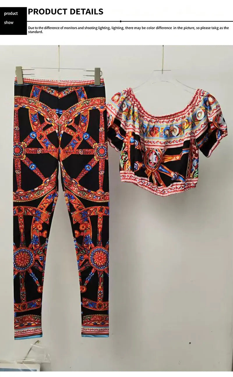 Summer New 2026 Printed Two-Piece Suit with One-Word Collar Sexy Waist-Exposed Top And Elastic Waist Slim Trousers for Holiday - Shellss
