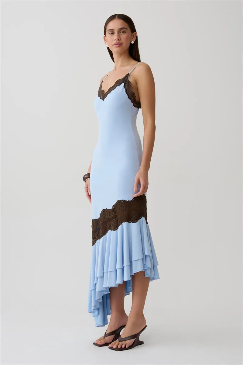 Mozision Women Spaghetti Strap V‑Neck Sexy Midi Dress Contrast White Lace Patchwork Ruffle Hem Bodycon Party Evening Dresses