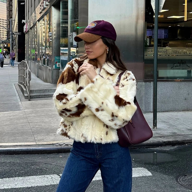 Chic Cow fur Print Fur Coat