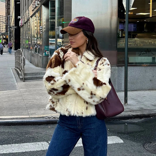 Chic Cow fur Print Fur Coat
