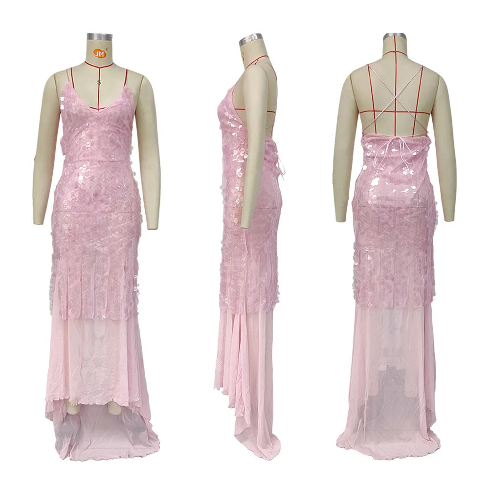 New Summer Sequins Patchwork Mesh Slim Long Dress Women Casual Vacation Dress Sexy Suspender V Neck Backless Evening Dress