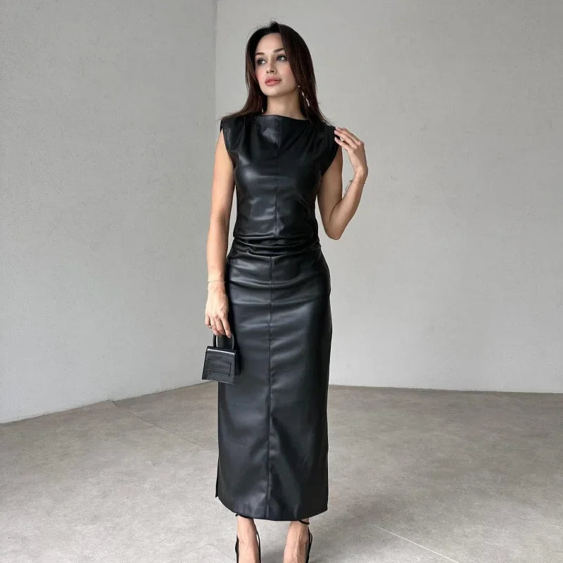 Sweet And Spicy Style Long faux leather dress