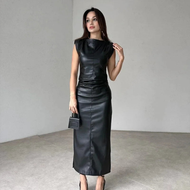 Sweet And Spicy Style Long Sleeveless round Neck PU Leather Dress Women's Fashion Summer New Arrival Mini Maxi Skirt