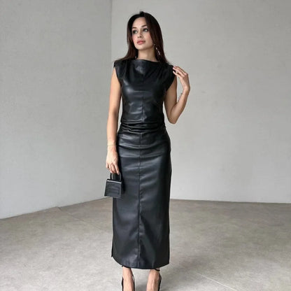 Sweet And Spicy Style Long Sleeveless round Neck PU Leather Dress Women's Fashion Summer New Arrival Mini Maxi Skirt