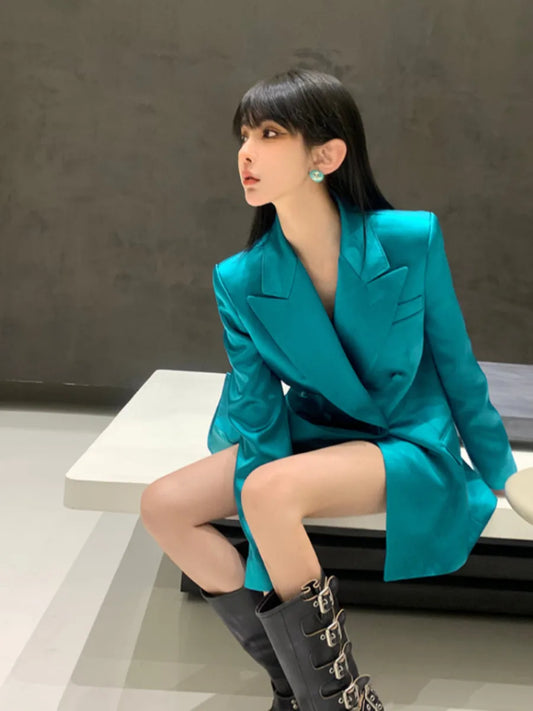 Silk Blazers Dress Jacket Double-breasted Women Suit Coat