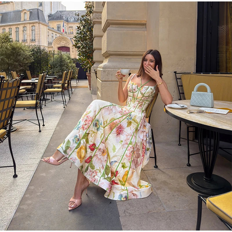 Women's Floral Print Linen Blend Maxi Dress Sweetheart Neckline Sleeveless Panelled Form With Contrast Floral Print