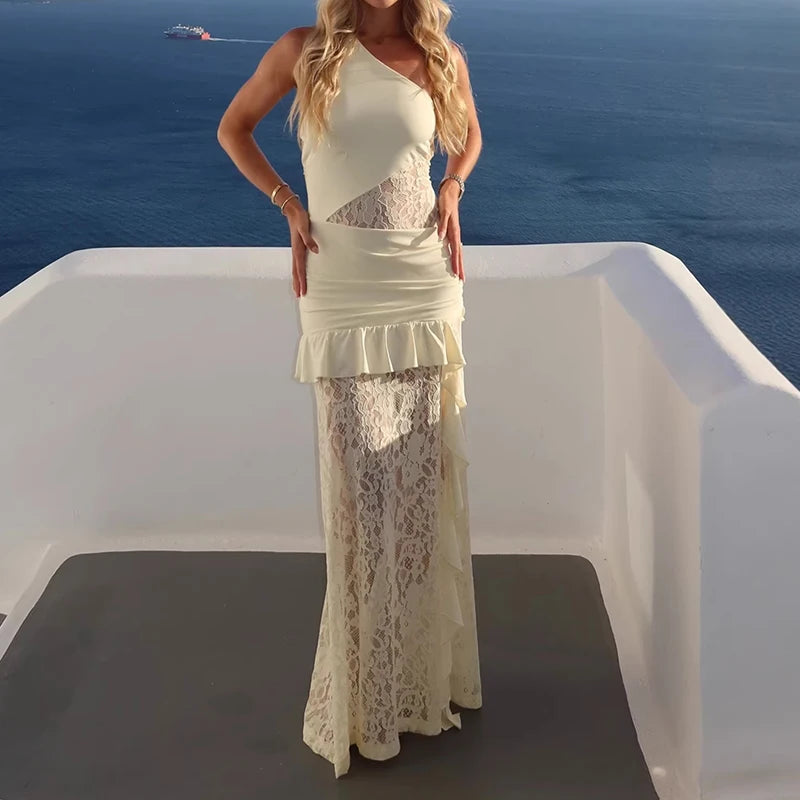 2026 Sexy Asymmetric Slimming Evening Dress Fashion Lace Patchwork Solid Color Women's Dress Elegant Lace Sleeveless Long Dress - Shellss