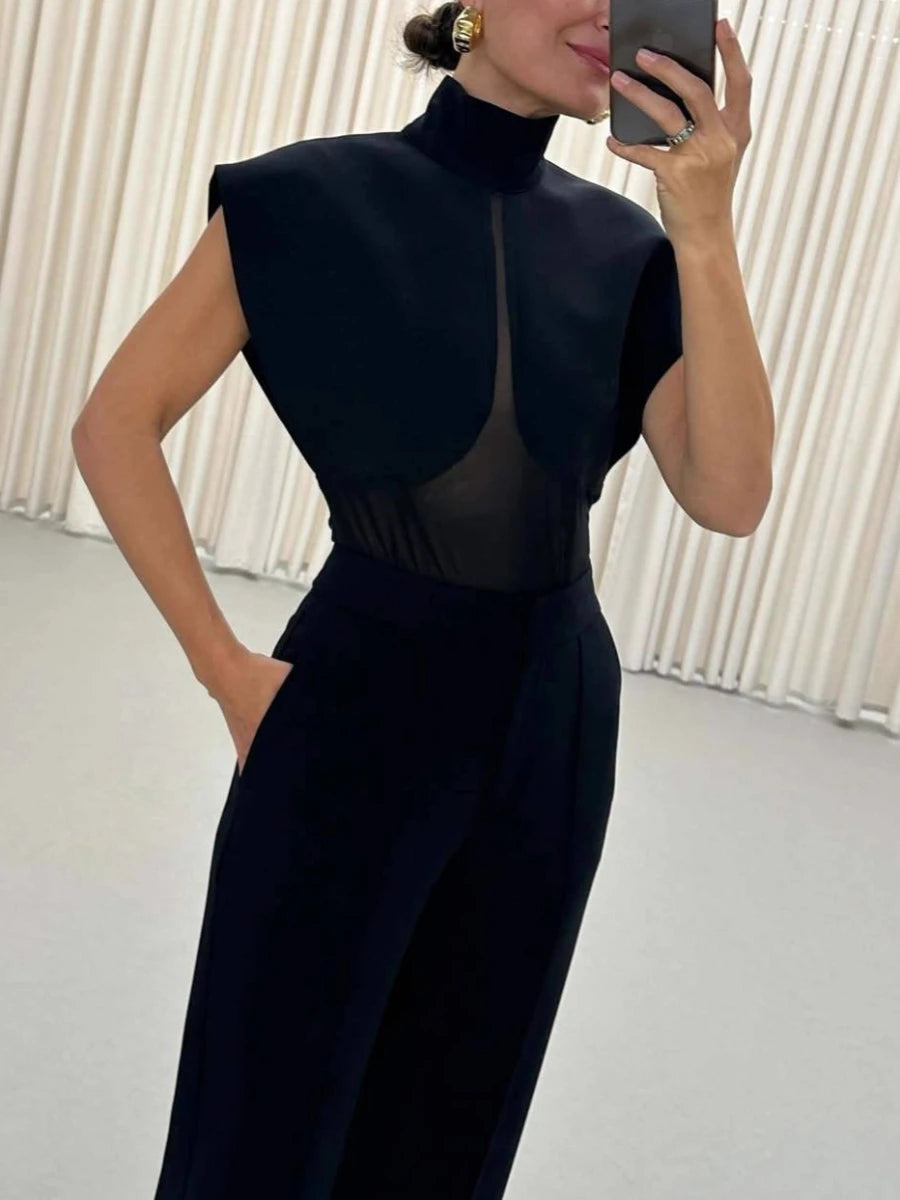 TWOTWINSTYLE Black Loose Spliced Mesh Jumpsuits for Women Stand Collar Sleeveless Sexy Temperament Jumpsuit Female Fashion New