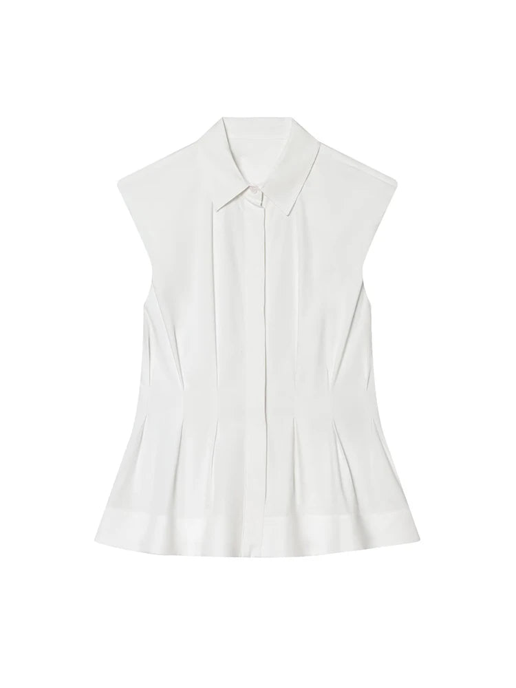 TFMLN Women's Pleated Shirt Spring Summer Vintage Lapel Collar Sleeveless Blouses Simple Flared Hem Ladies Tops 2026 New