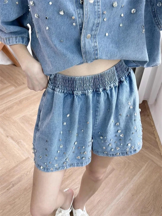 Handmade Rhinestones Women's Denim Shorts Blue Elastic Waist Female Casual Jeans Summer 2024