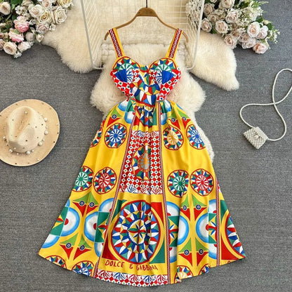 Multicolor Dolce Print Yellow Long Dress