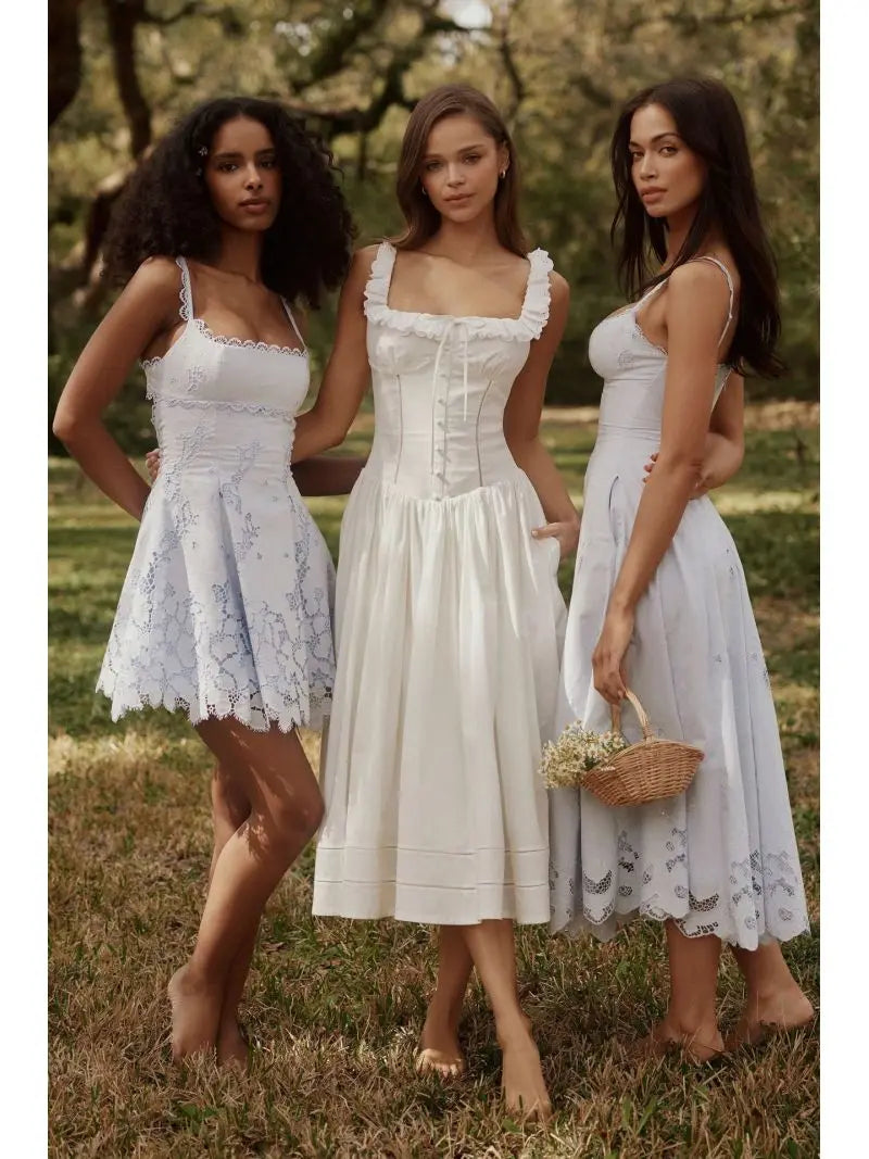 Elegant Backless Lace Trim Embroidery Mini