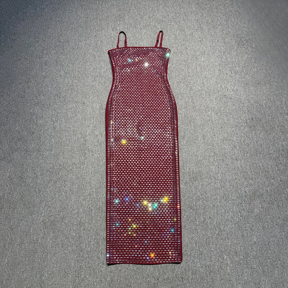 Burgundy Sequin Spaghetti Strap Midi Dress Bodycon Sparkly Evening Party Cocktail Formal Dress Women's Slim Fit Backless Gown