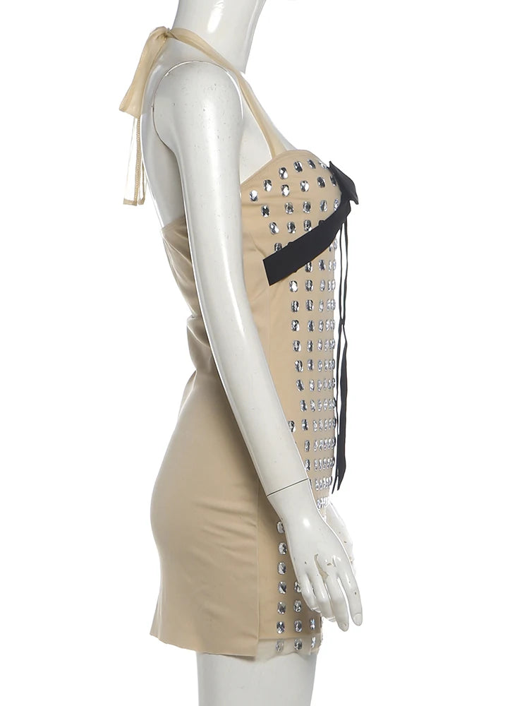 Weird Puss Rhinestone Decoration Dress Women Bow Tassel Halter Bandage Backless Sleeveless Skinny Sweet Fashion Party Bodycon