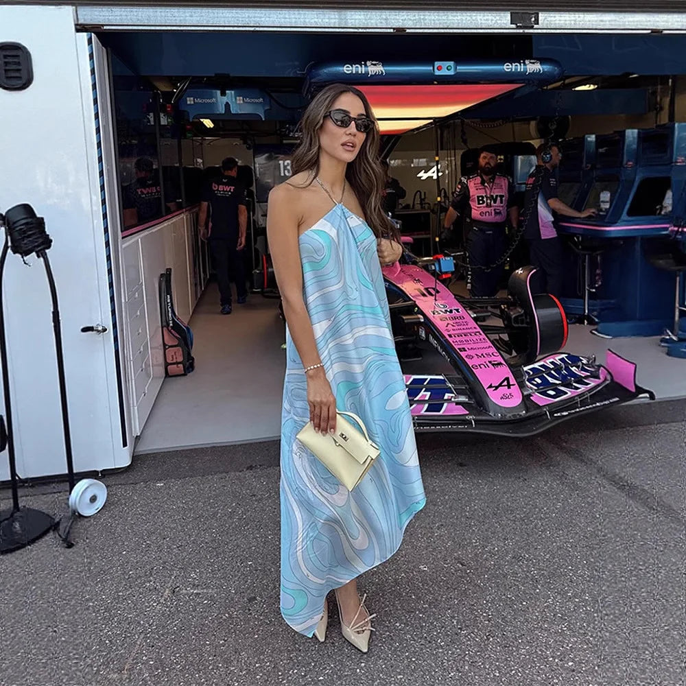 Sexy Printed Halter Maxi Dress Women Fashion Sleeveless Backless Loose Irregular Dresses 2026 Summer Lady Beach Vacation Robe