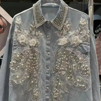 Diamonds Beaded Stitch Mid-length Denim Shirts