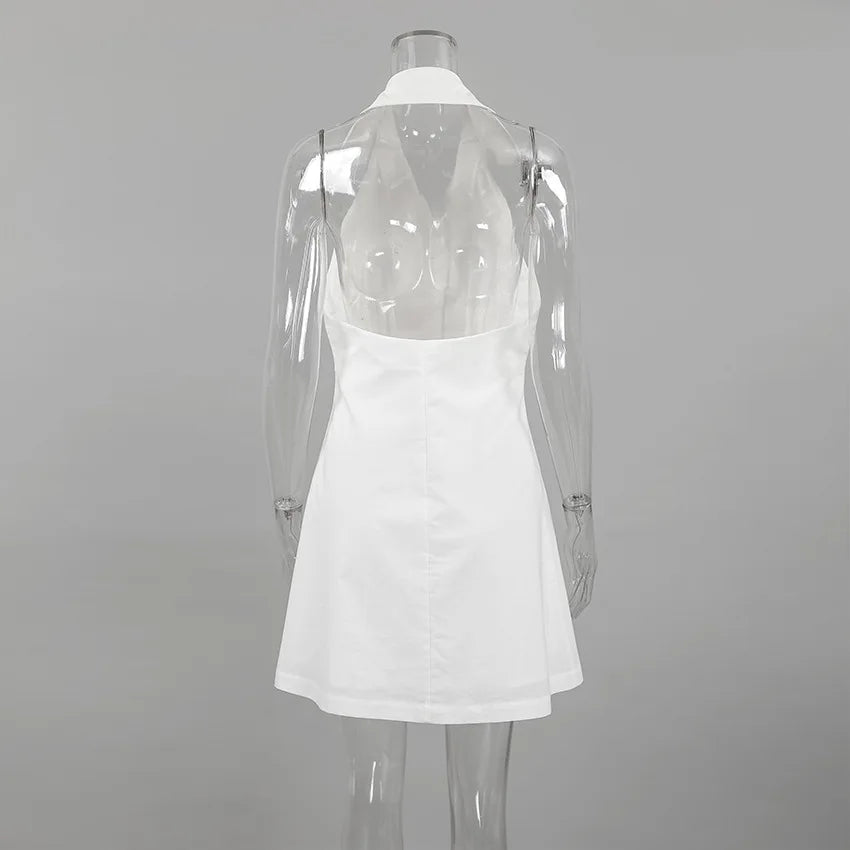 2026 Summer New White Halter Neck V Neck Sleeveless Backless Waist Cinching A Line Short Dress Multi Color Optional