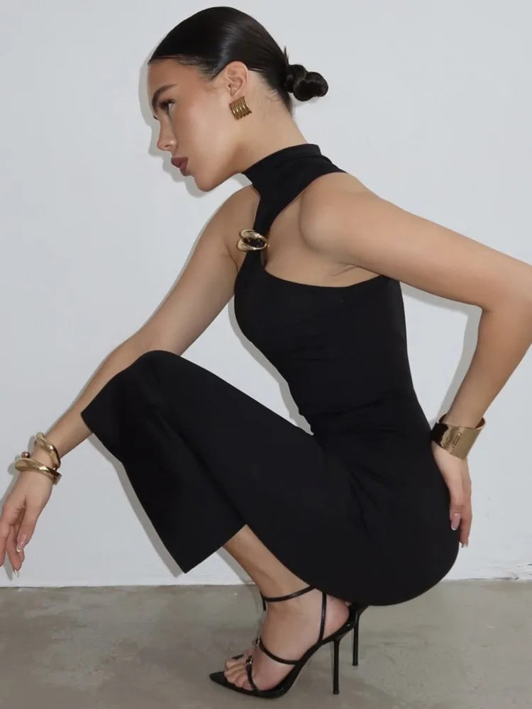 Gold ring twisted neck bodycon dress