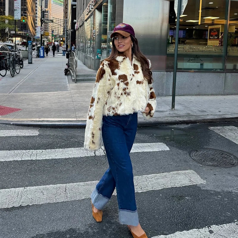 Chic Cow fur Print Fur Coat