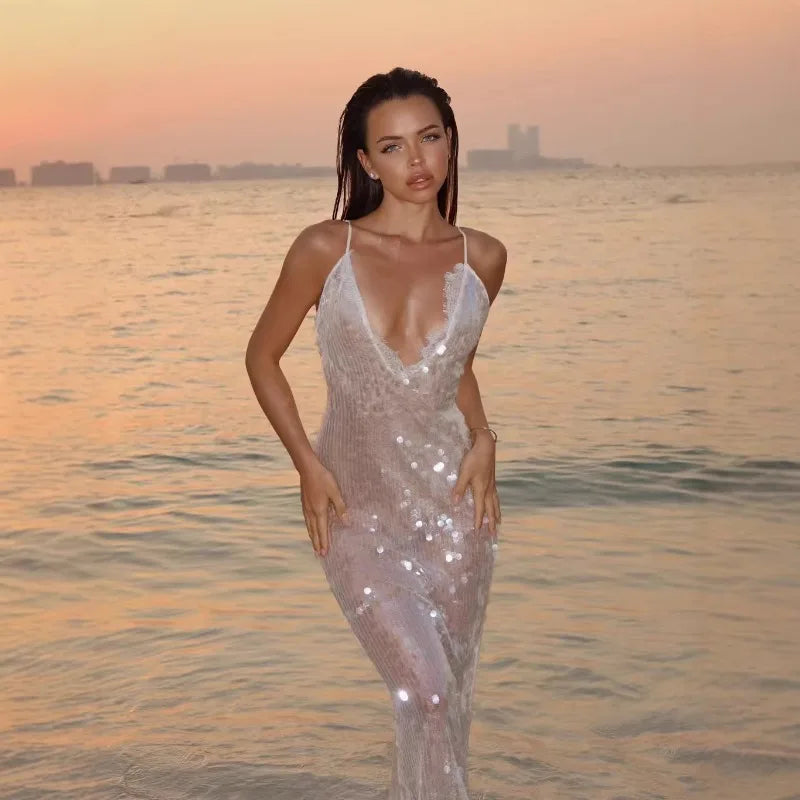 Sexy Sheer Sequin Lace Trim Spaghetti Strap Maxi Dress Deep V‑Neck Backless Bodycon Dresses Beach Vacation Evening Party Gown