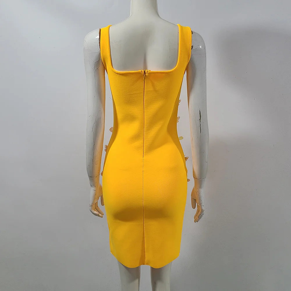 Yellow Runway Mini Knitted Bandage Dress Women 3D Butterfly Sexy High Street Elastic Vestidos Mini Dress Party Club Lady Dresses