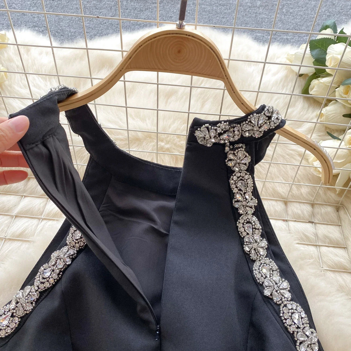 French Chic Elegant Mini Dress Sequined Beading Halter Off-shoulder Sleeveless Vestidos De Mujer Female Evening Dresses Dropship
