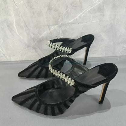 Black Crystal Rhinestone Slippers Sexy Pointed Toe Stiletto