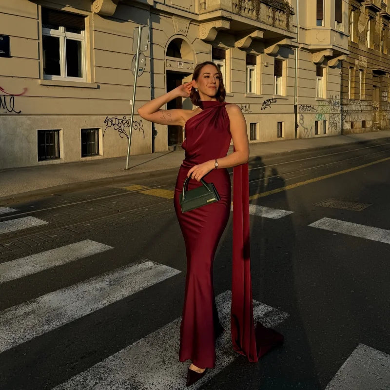 Elegant Satin Ribbons Halter Party Dress