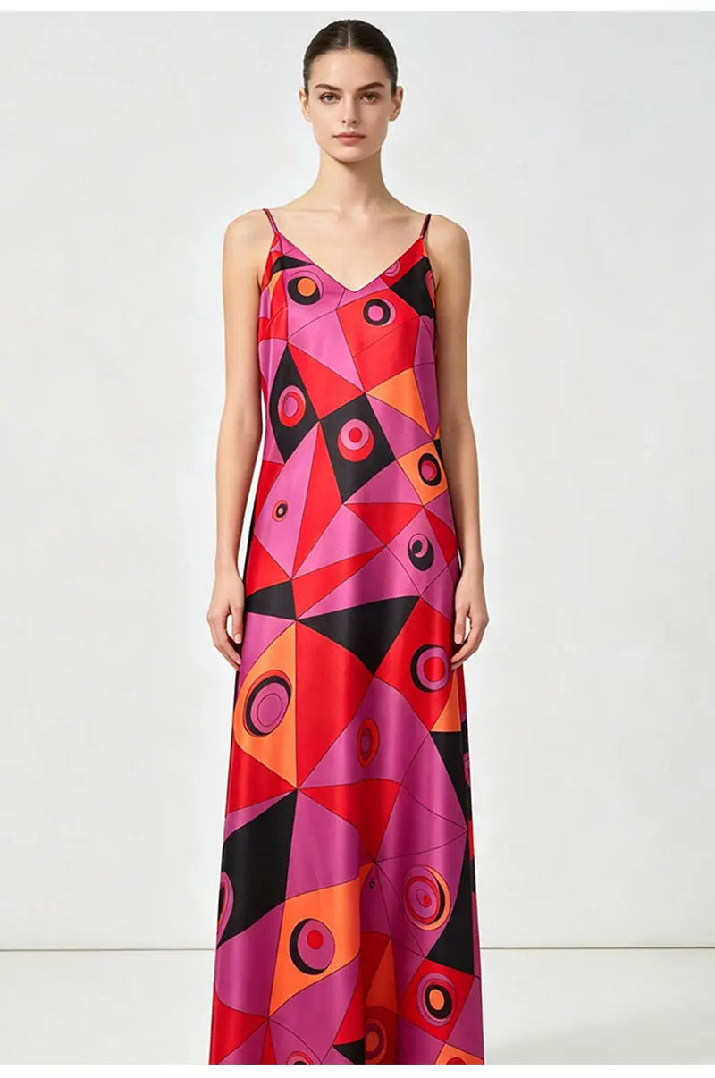 Sexy Summer Women's New Satin Elegant Dress V-Neck Thin Shoulder Strap Geometric Printing Suspenders Elegant Party Holiday Dress