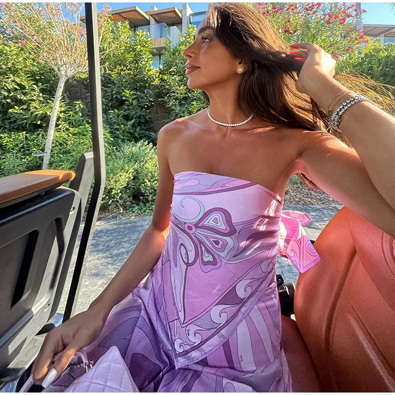 Printed Strapless Pink Skirt Set