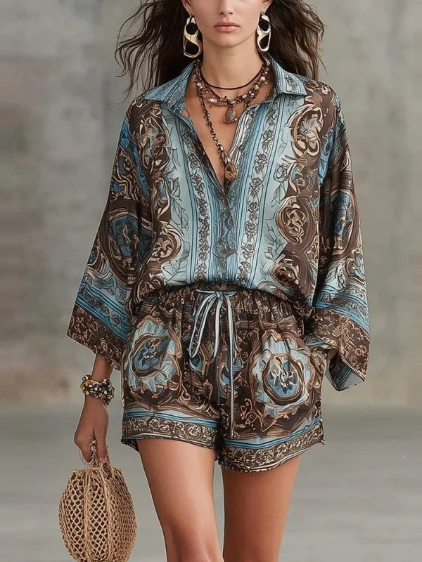 Floral Print Long Sleeve Shirt Shorts Set Women's High Waist Short Pants Outfit Casual Sportswear Two-Piece Set Polyester Fabric - Shellss